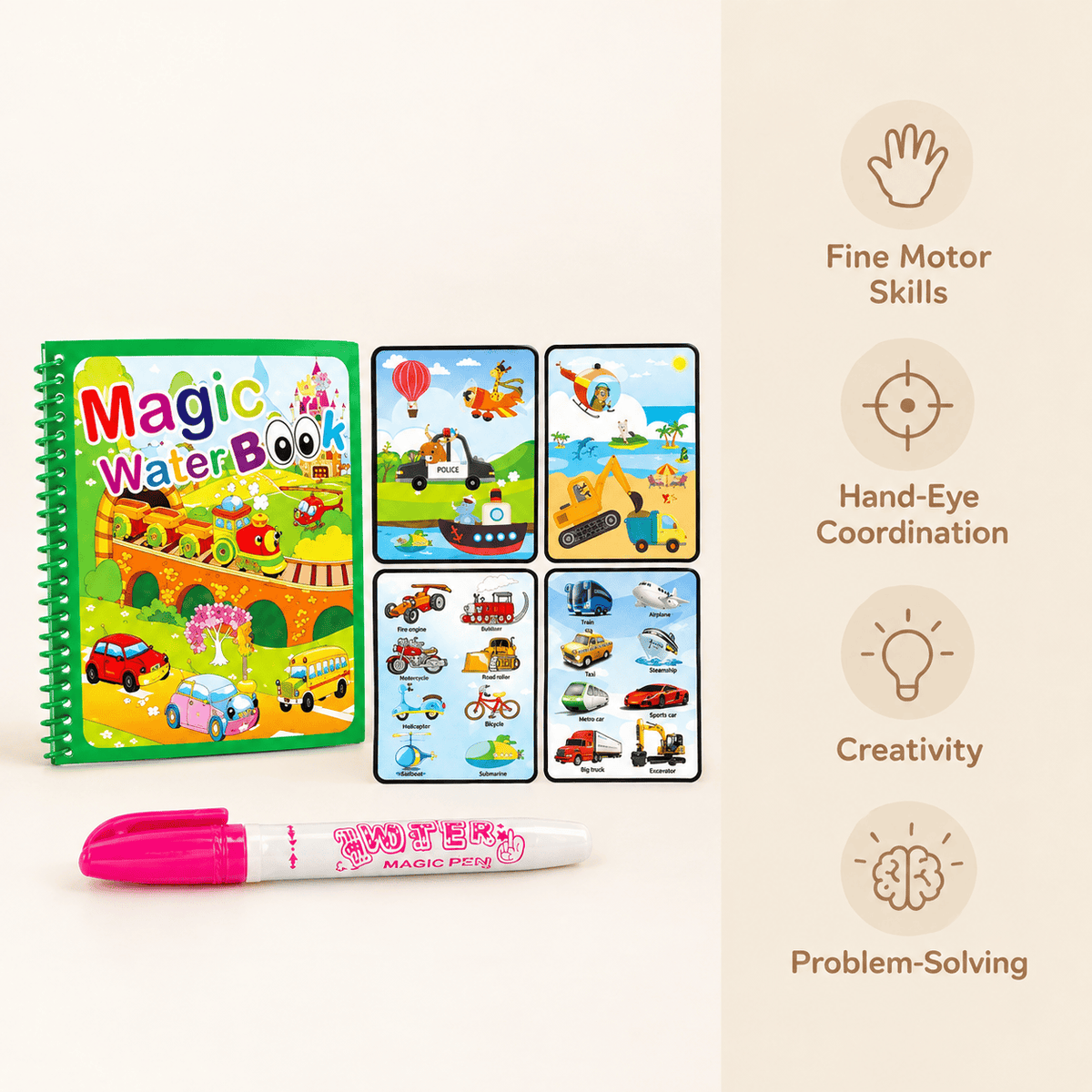 Reusable Water Coloring Book with Vehicles for Toddlers
