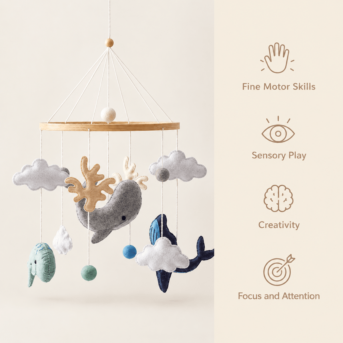 Whale Baby Mobile with Clouds & Ocean Theme for Nursery - Montessori