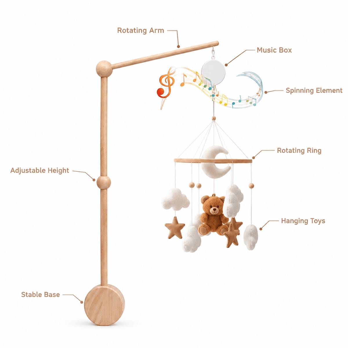 Wooden Baby Mobile Stand with Music Box for Newborns & Infants