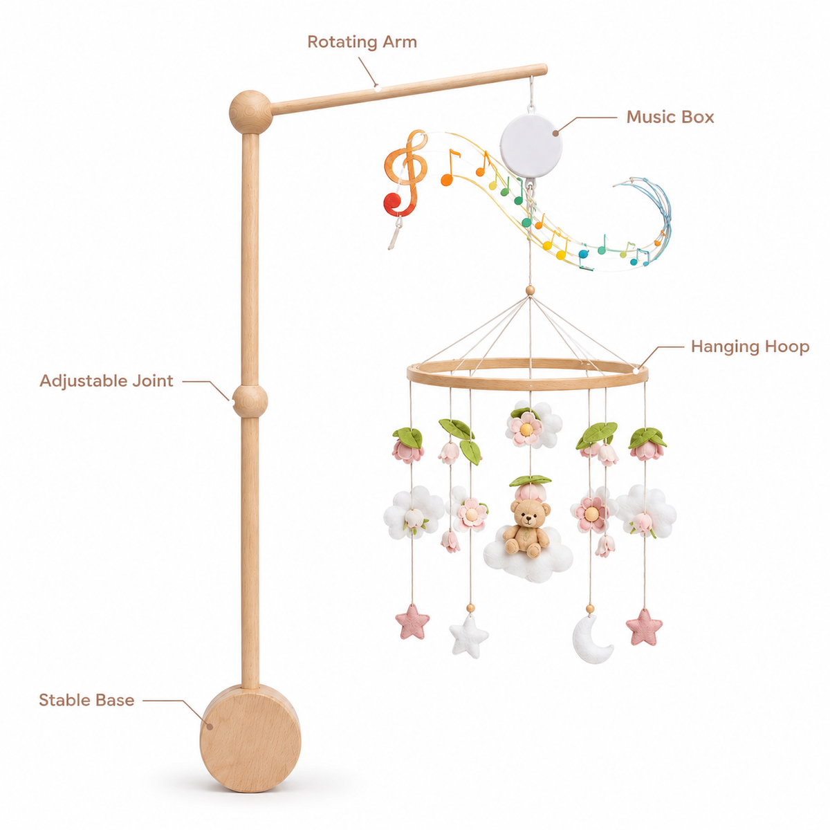 Wooden Baby Mobile with Music Box & Pink Flowers for Nursery