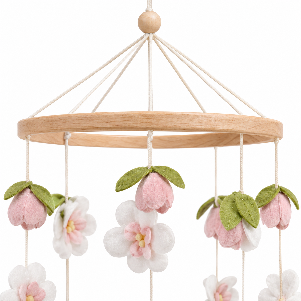 Wooden Baby Mobile with Music Box & Pink Flowers for Nursery