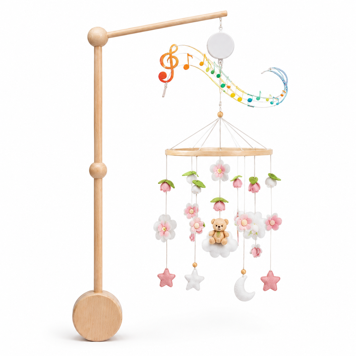 Wooden Baby Mobile with Music Box & Pink Flowers for Nursery