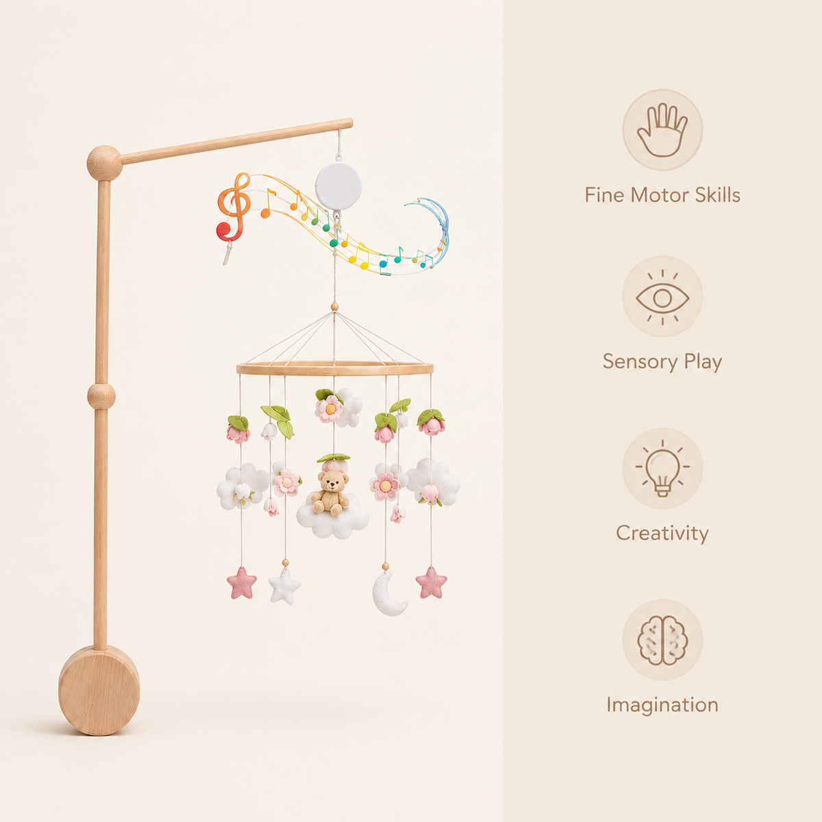 Wooden Baby Mobile with Music Box & Pink Flowers for Nursery