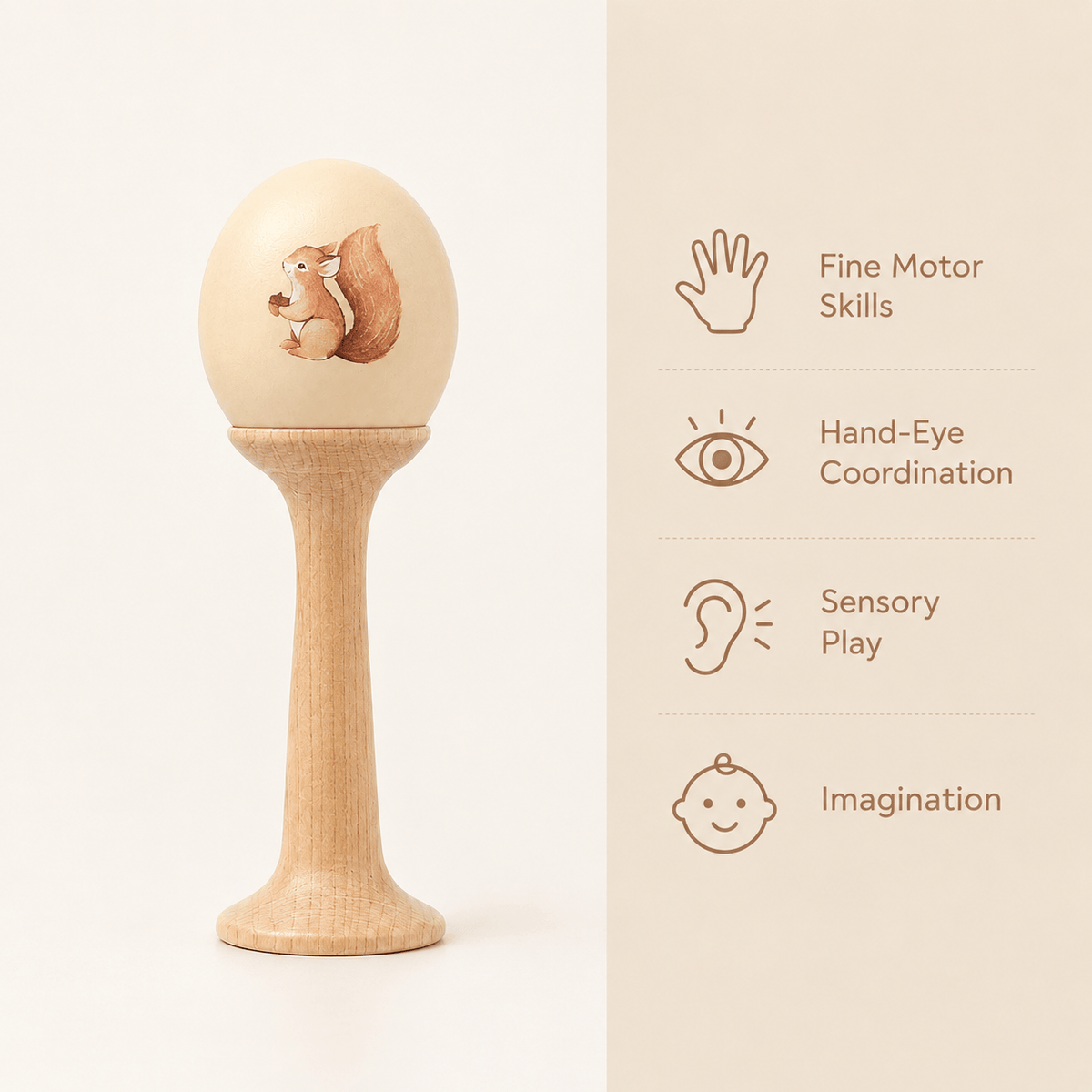 Wooden Baby Rattle with Squirrel - Montessori Toy for Babies