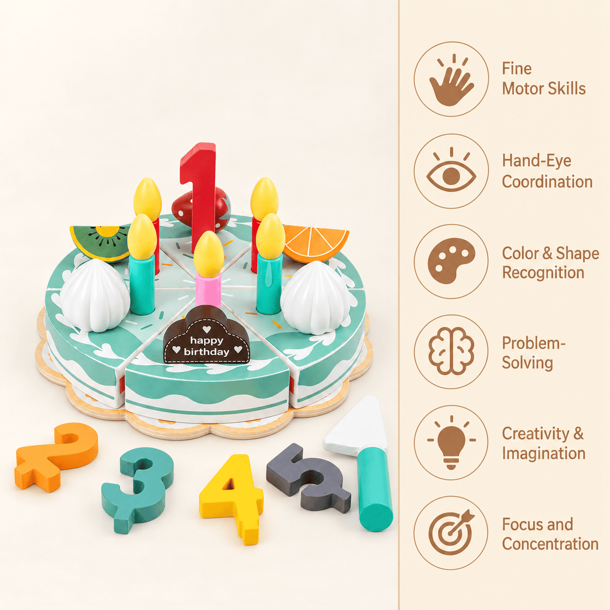 Wooden Birthday Cake Toy – Montessori Pretend Play for Toddlers