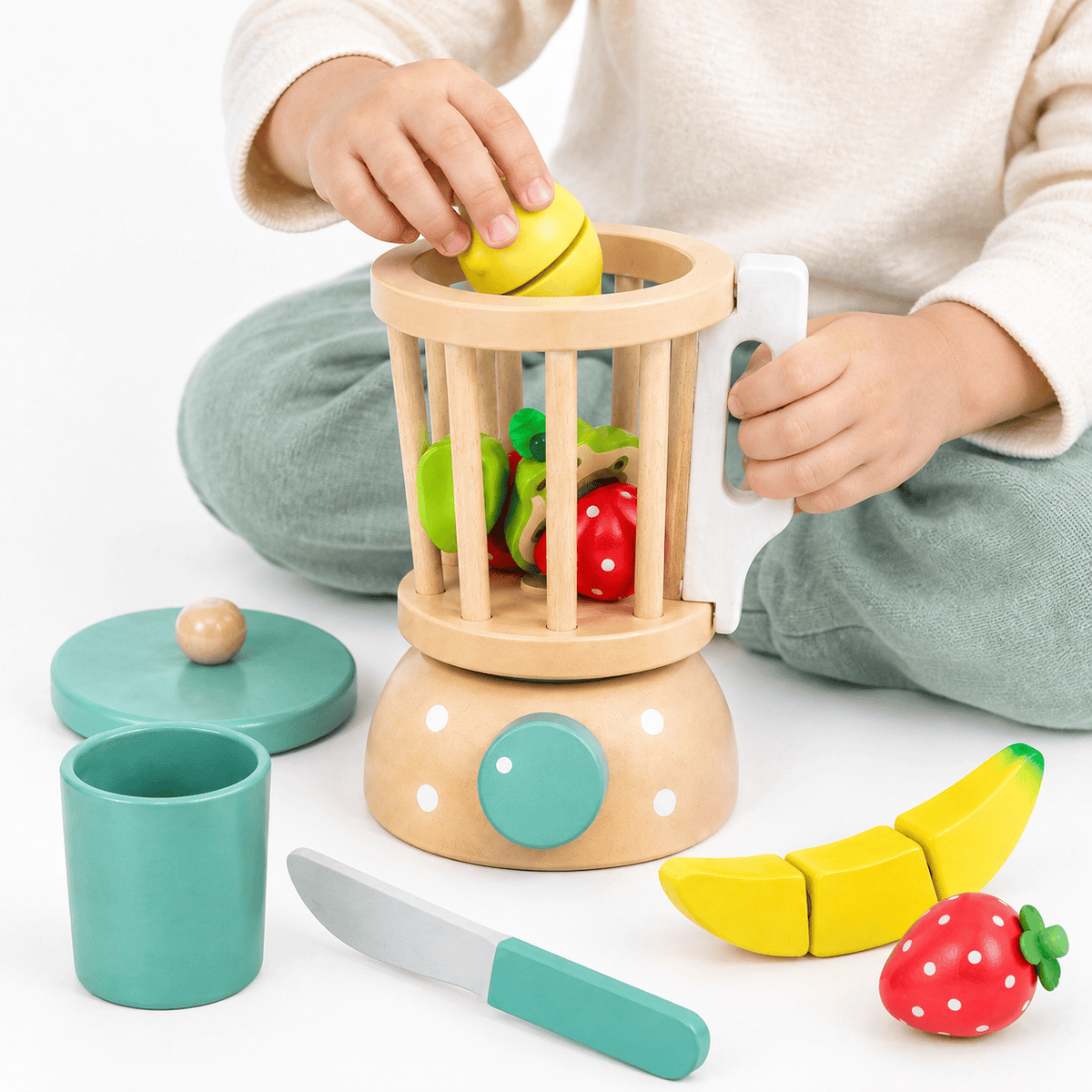 Wooden Blender Toy with Fruit for Kids | Montessori Kitchen Play