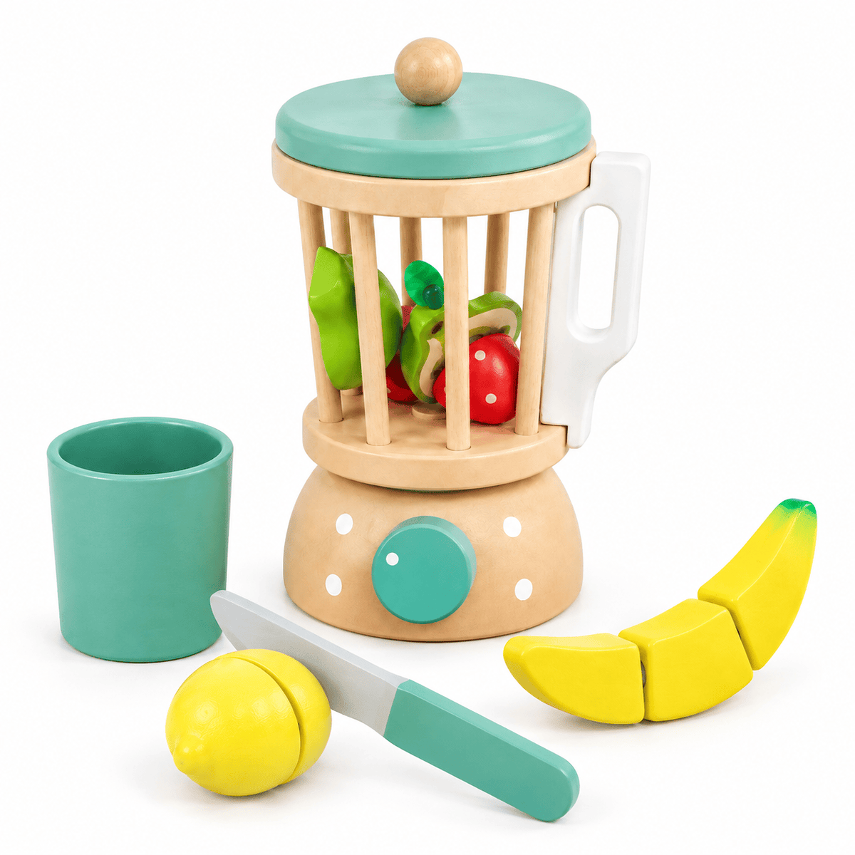 Wooden Blender Toy with Fruit for Kids | Montessori Kitchen Play
