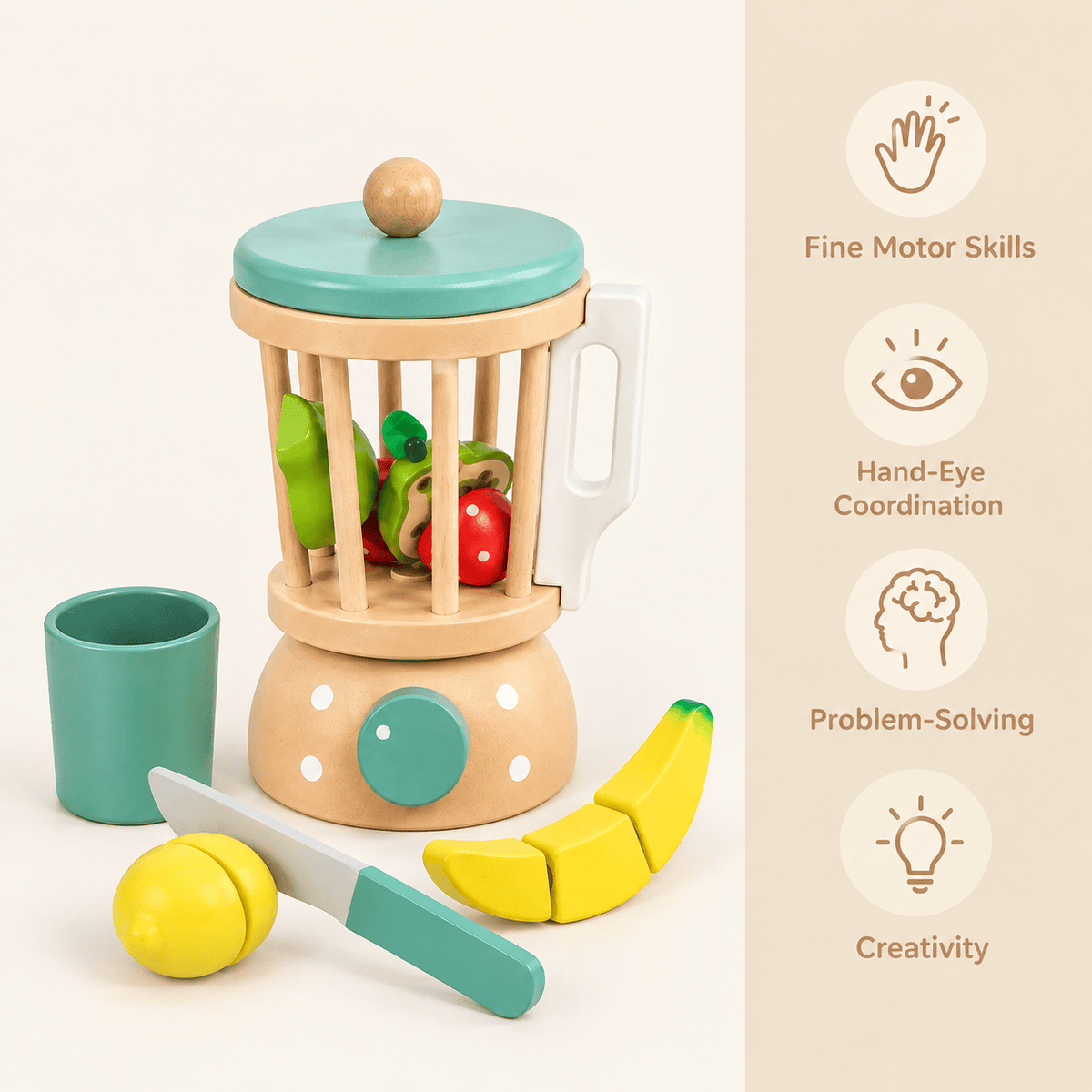 Wooden Blender Toy with Fruit for Kids | Montessori Kitchen Play