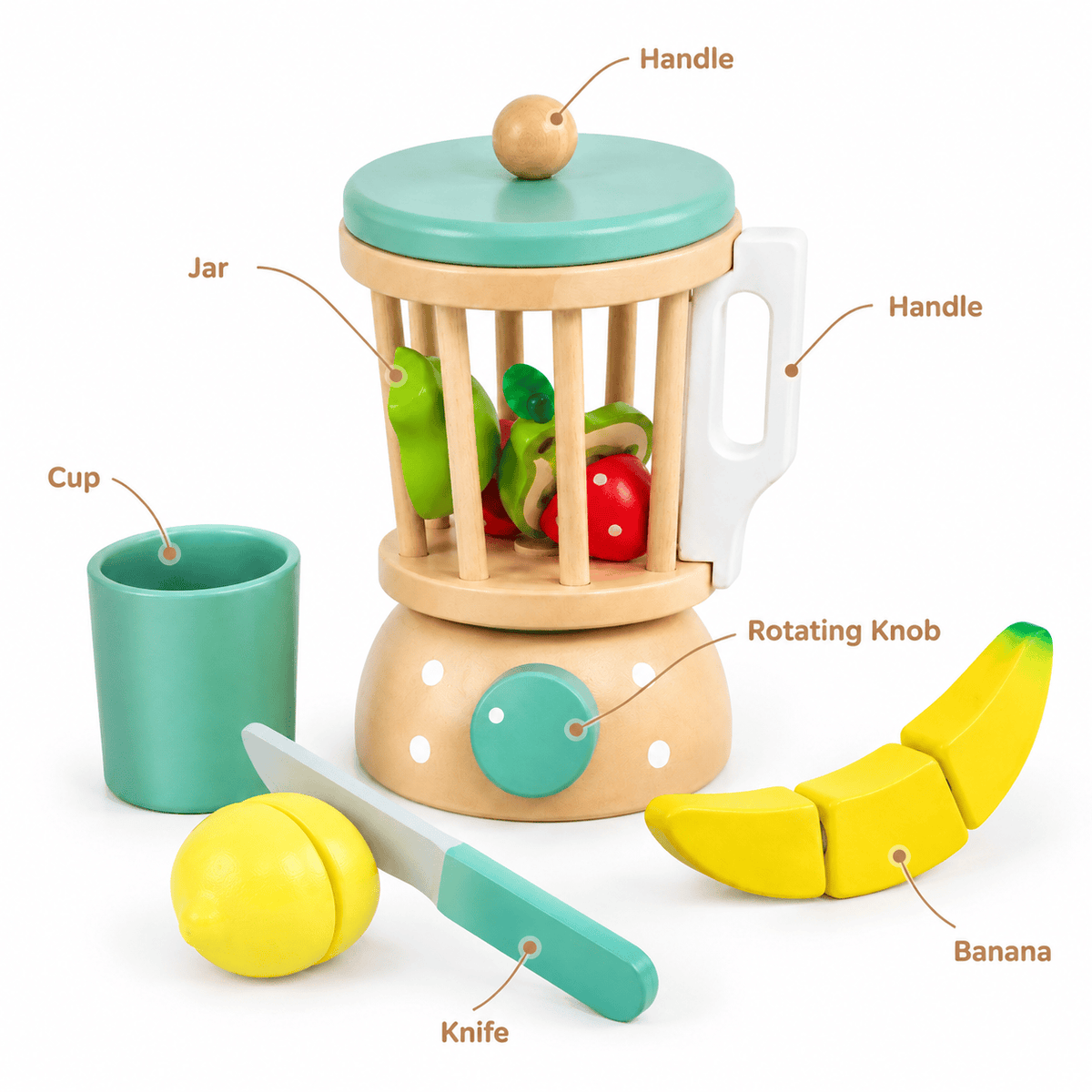 Wooden Blender Toy with Fruit for Kids | Montessori Kitchen Play