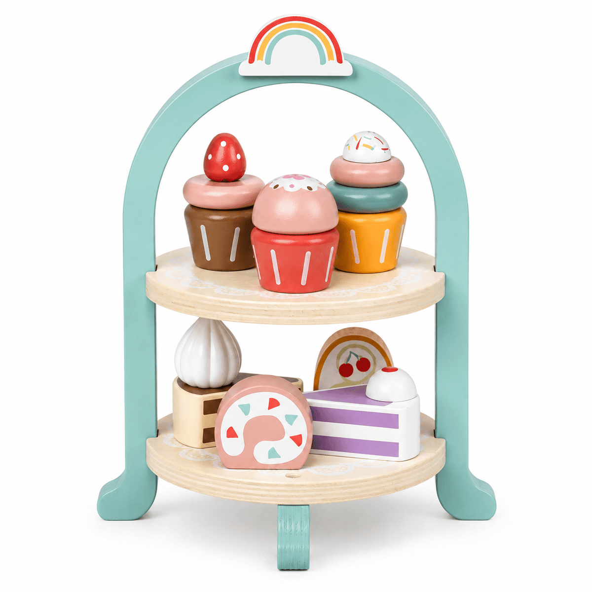 Wooden Cake Stand Play Set with Rainbow Arch for Toddlers