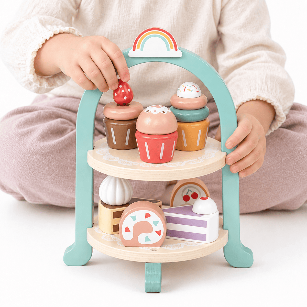 Wooden Cake Stand Play Set with Rainbow Arch for Toddlers