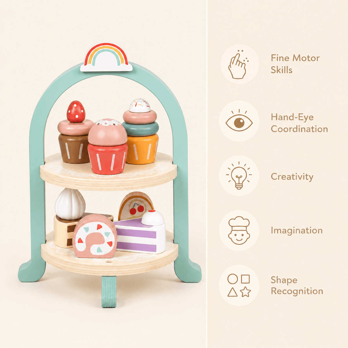 Wooden Cake Stand Play Set with Rainbow Arch for Toddlers