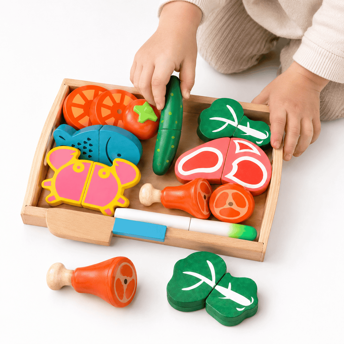 Wooden Cutting Food Set Montessori Pretend Play Kitchen for Toddlers
