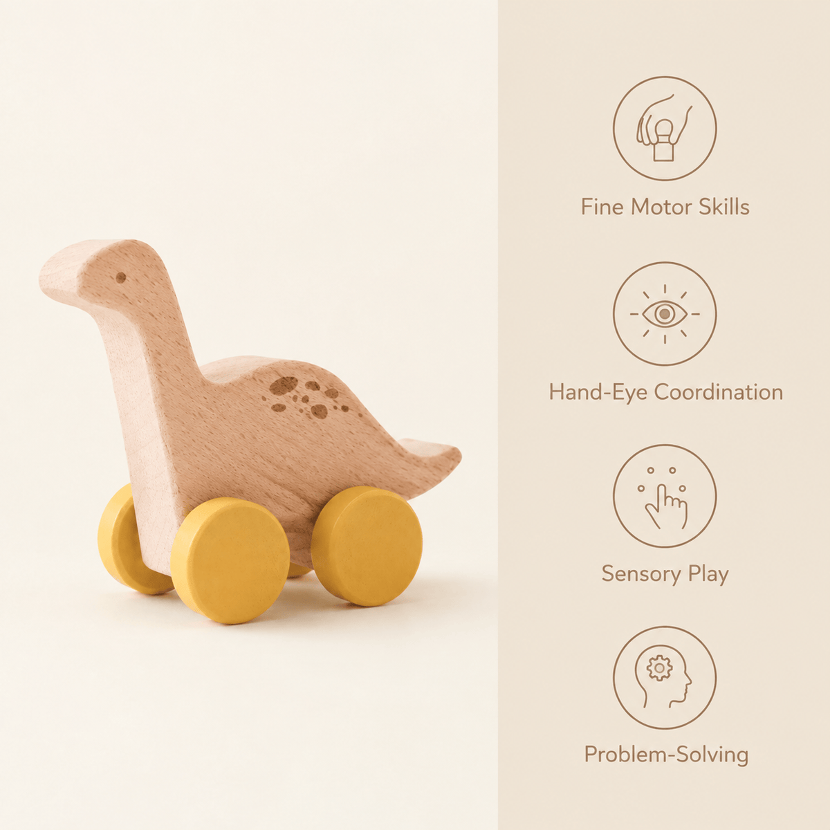 Wooden Dinosaur Push Toy for Toddlers | Montessori Rolling Toy