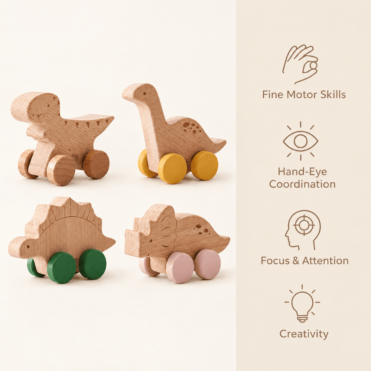 Wooden Dinosaur Push Toy Set for Toddlers – Montessori Learning Toy