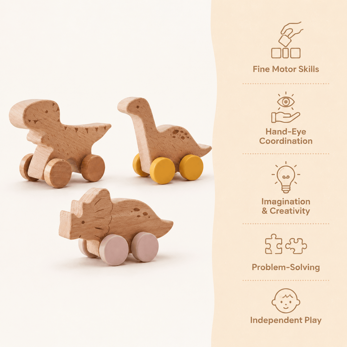 Wooden Dinosaur Push Toy Set for Toddlers - Montessori Play