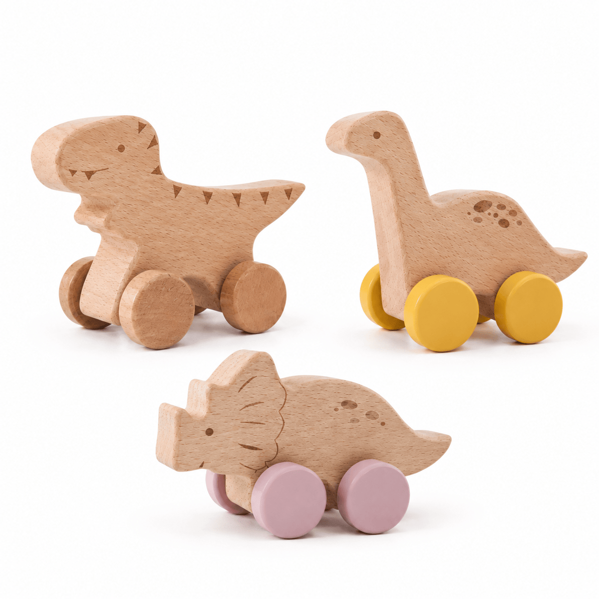Wooden Dinosaur Push Toy Set for Toddlers - Montessori Play