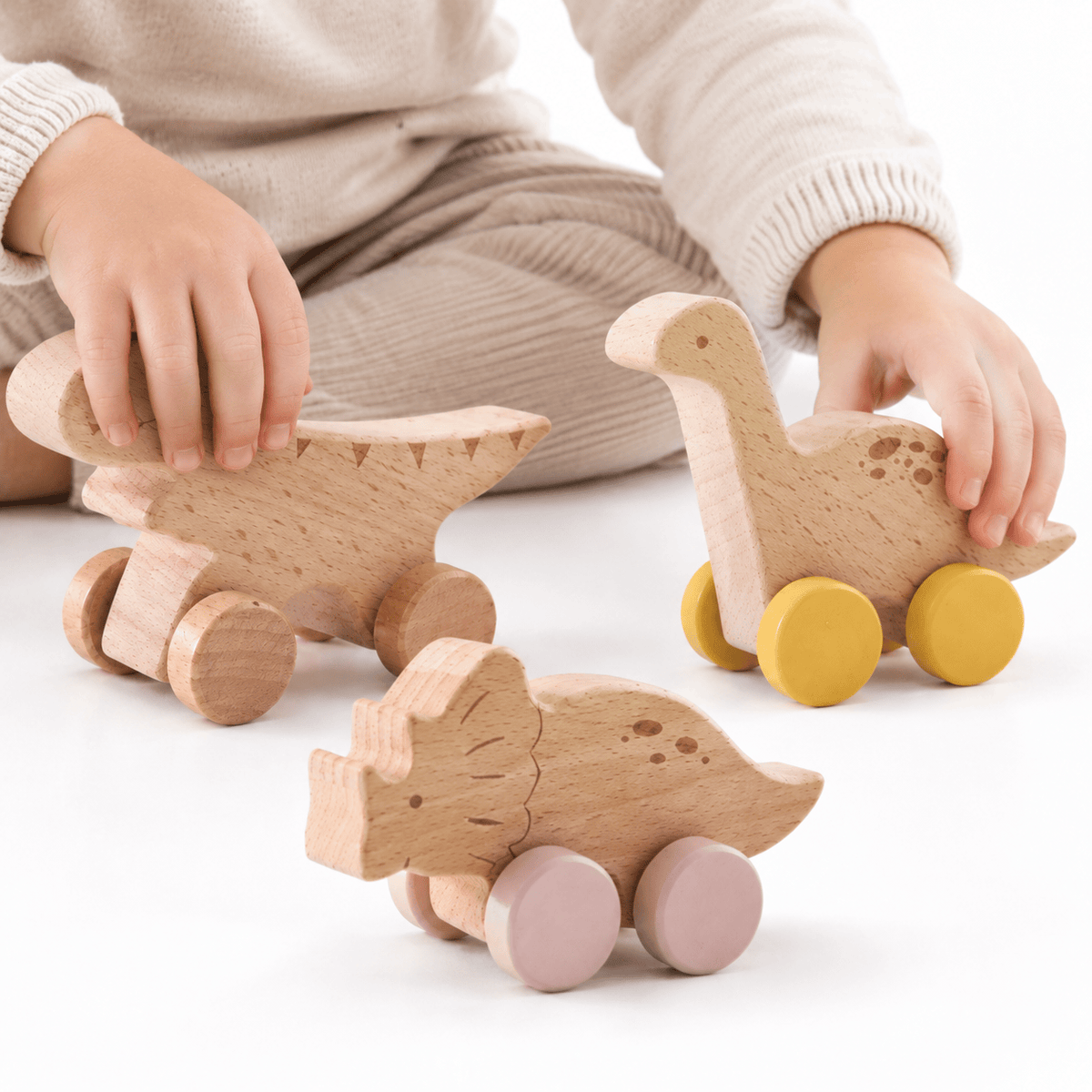 Wooden Dinosaur Push Toy Set for Toddlers - Montessori Play