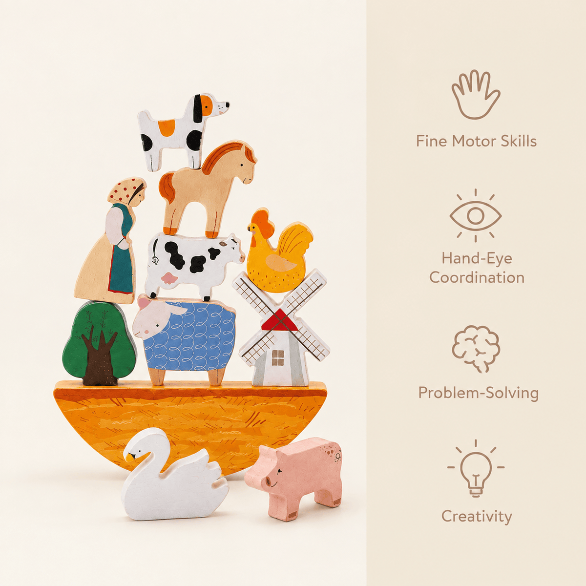 Wooden Farm Animal Stacking Balance Toy for Toddlers and Kids