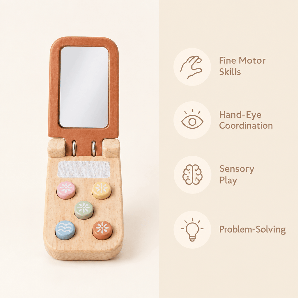 Wooden Flip Phone Toy with Mirror for Toddlers – Montessori Play
