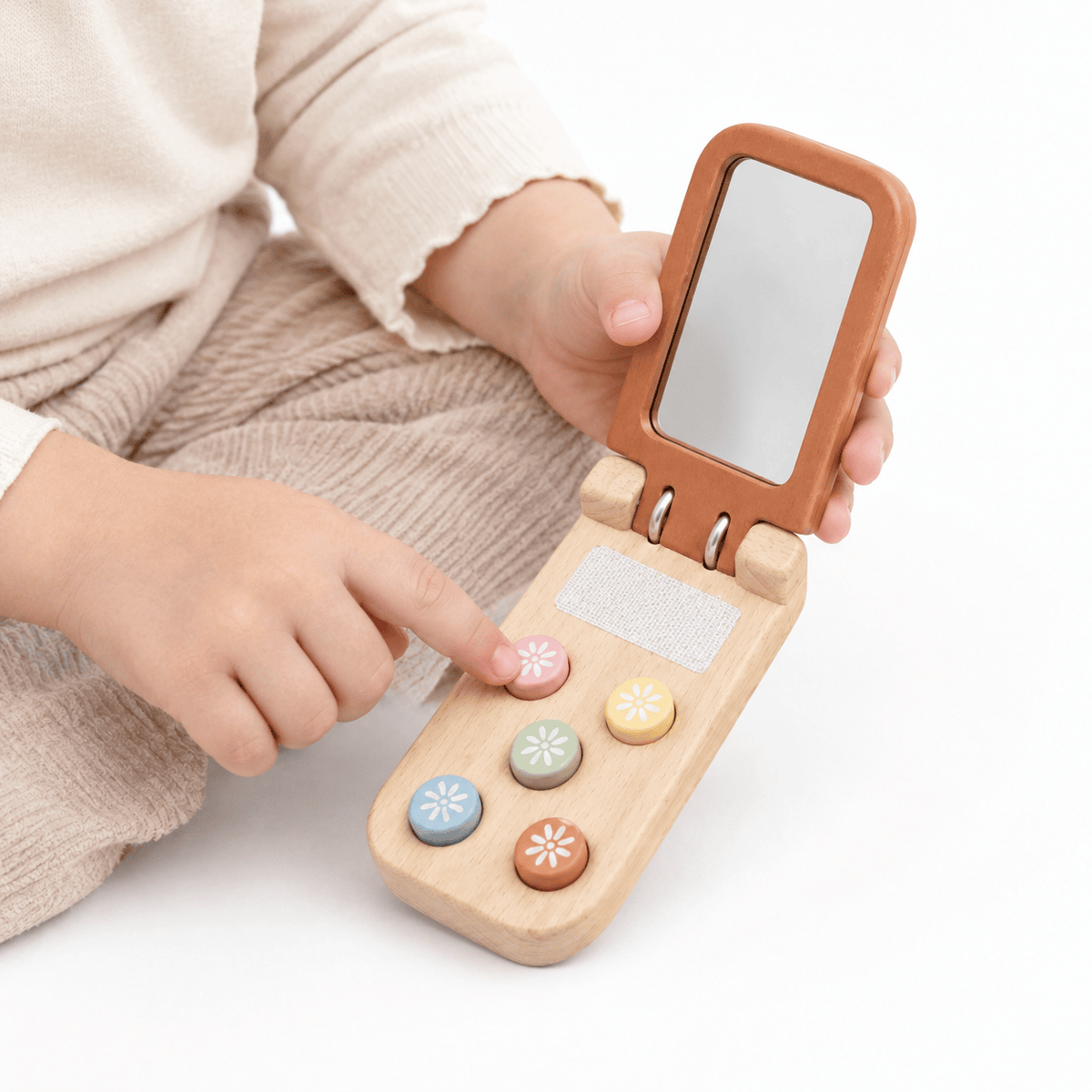 Wooden Flip Phone Toy with Mirror for Toddlers – Montessori Play