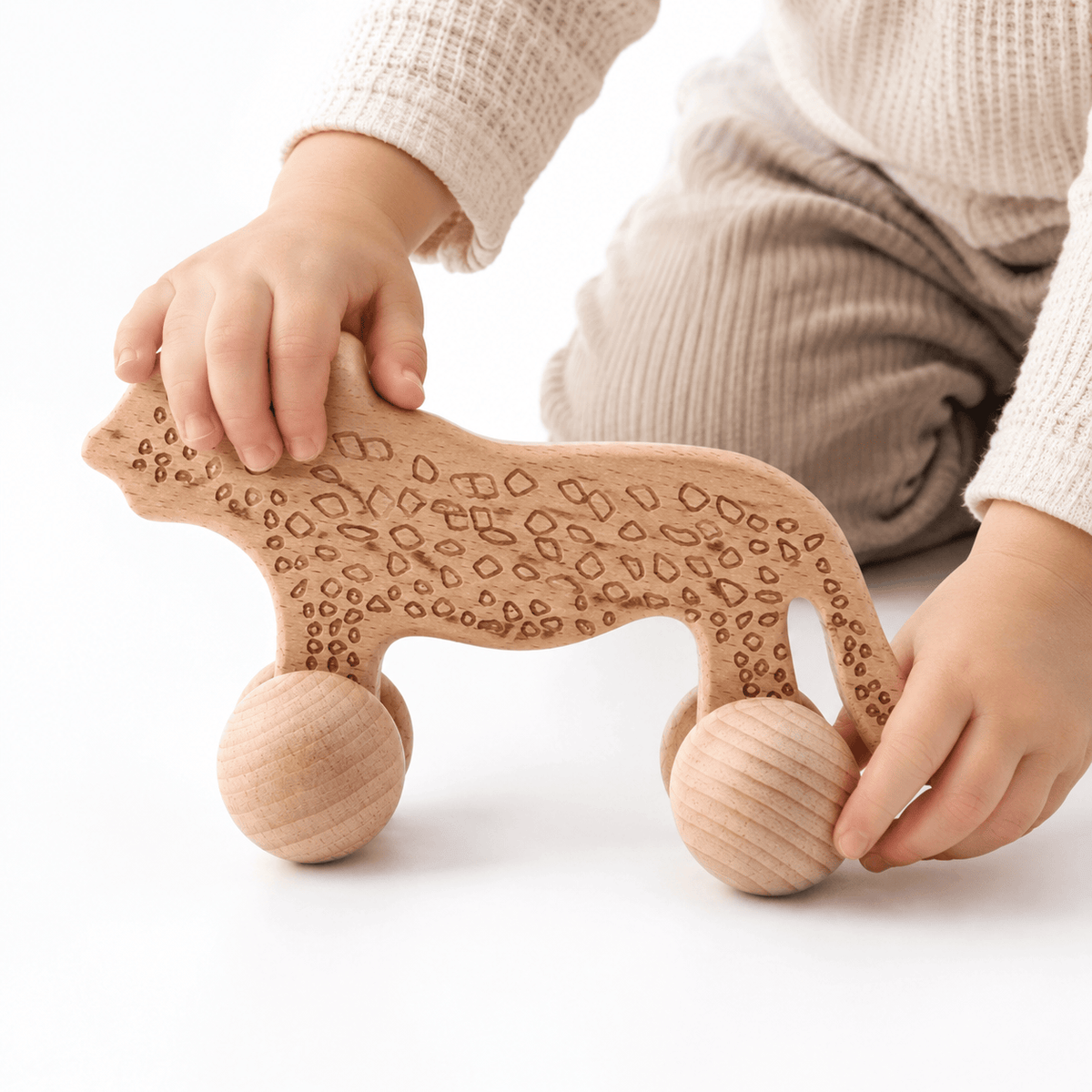 Wooden Leopard Push Toy for Toddlers - Montessori Animal on Wheels