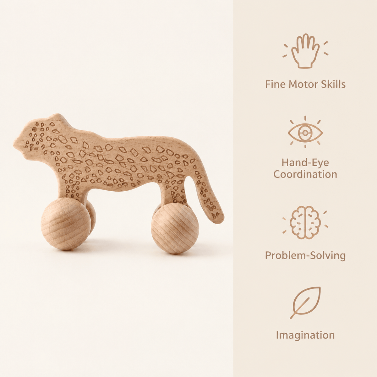 Wooden Leopard Push Toy for Toddlers - Montessori Animal on Wheels