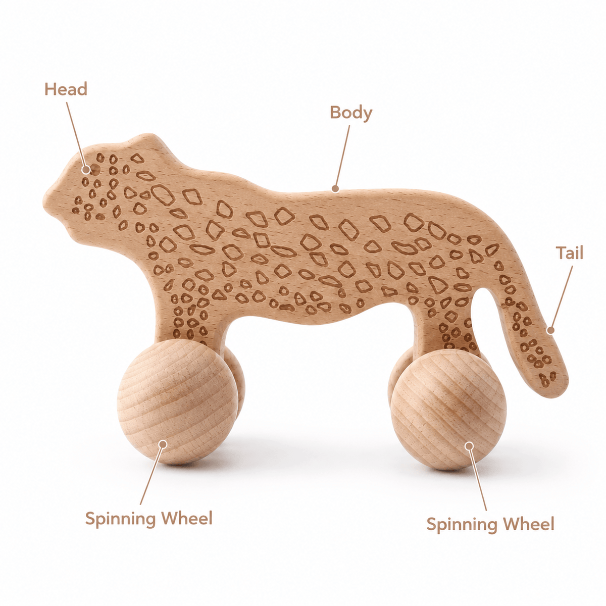 Wooden Leopard Push Toy for Toddlers - Montessori Animal on Wheels