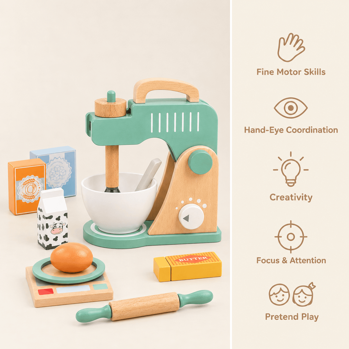 Wooden Mixer Toy Set for Kids | Montessori Kitchen Pretend Play