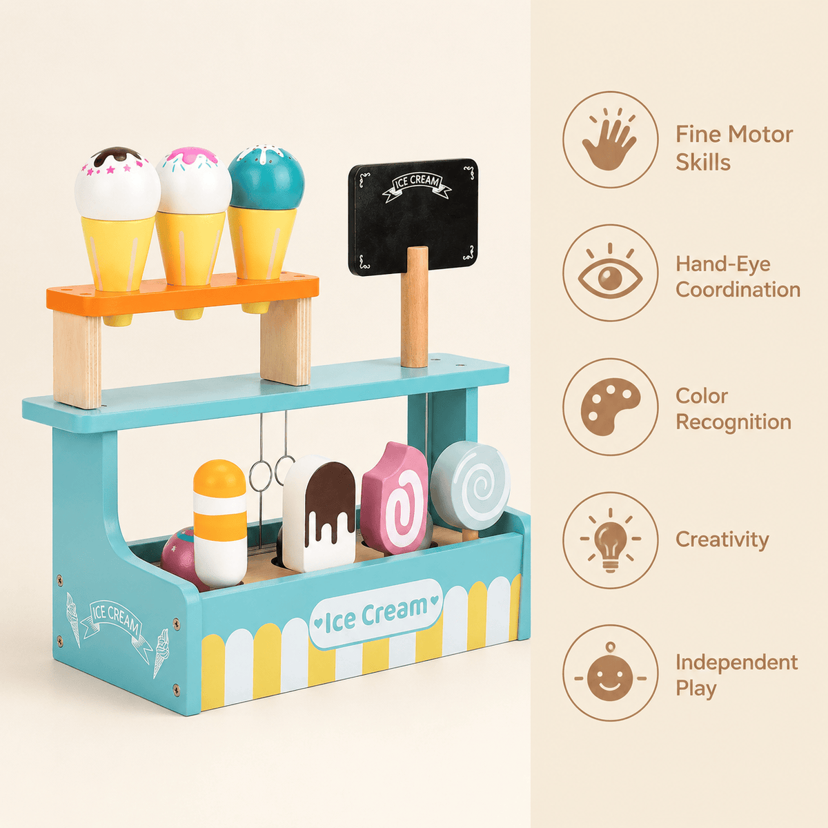 Wooden Montessori Ice Cream Shop Play Set for Pretend Play & Fine Moto