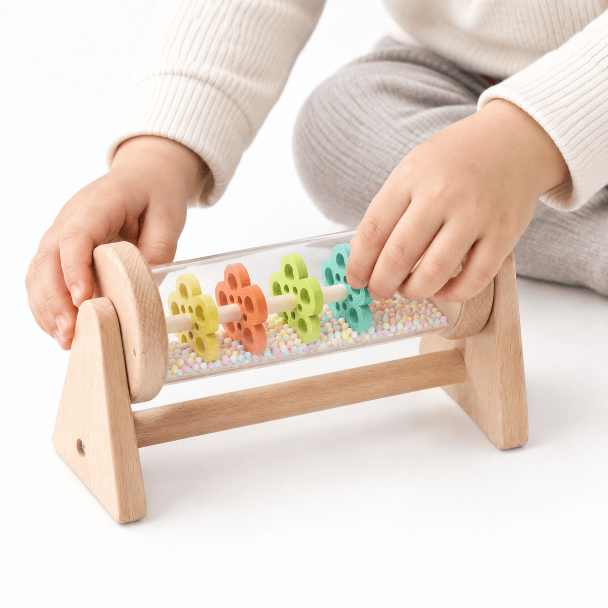 Wooden Montessori Rain Rattle with Colorful Beads for Babies