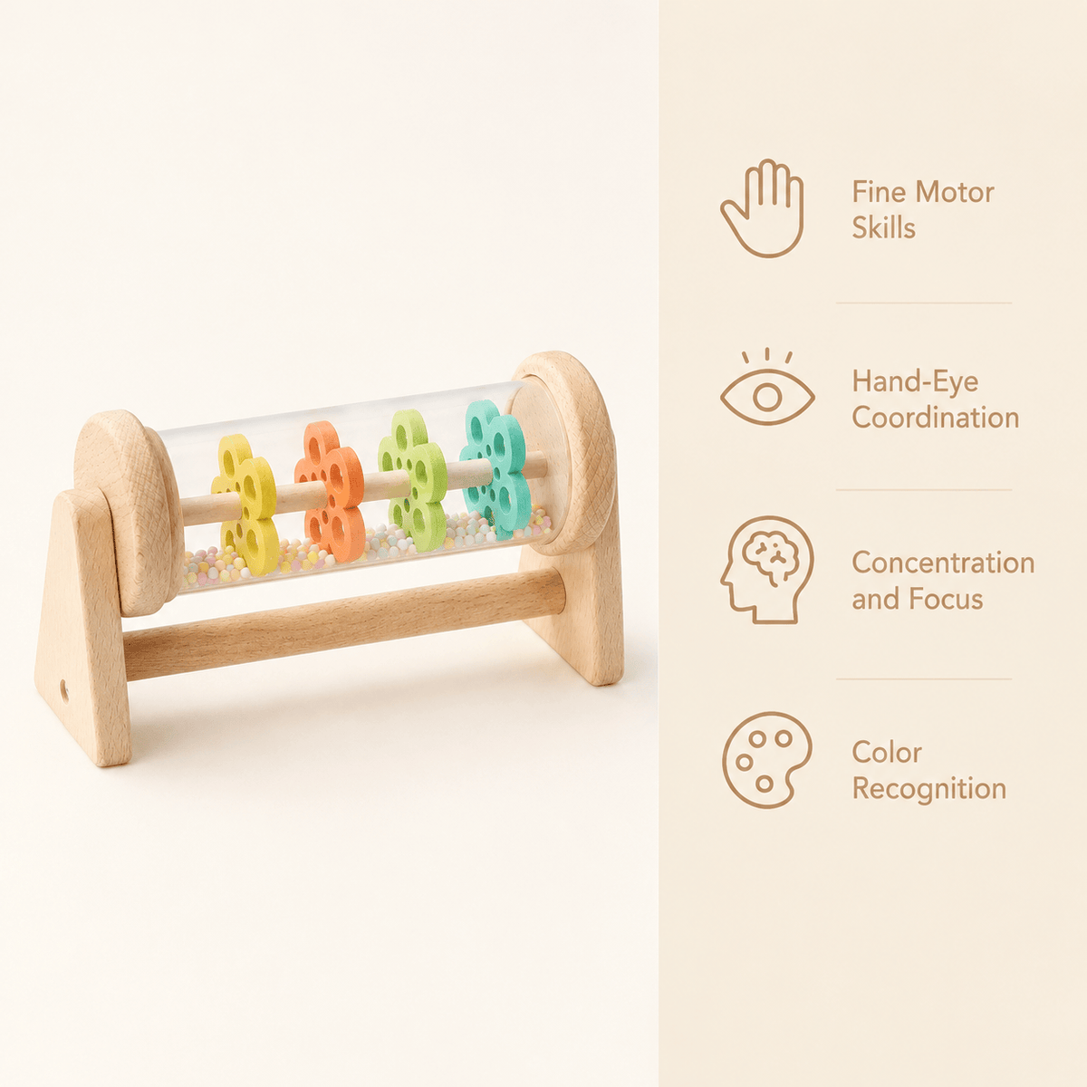 Wooden Montessori Rain Rattle with Colorful Beads for Babies