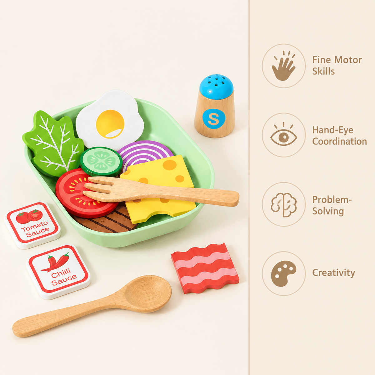 Wooden Play Food Set with Bowl and Utensils for Kids Pretend Play