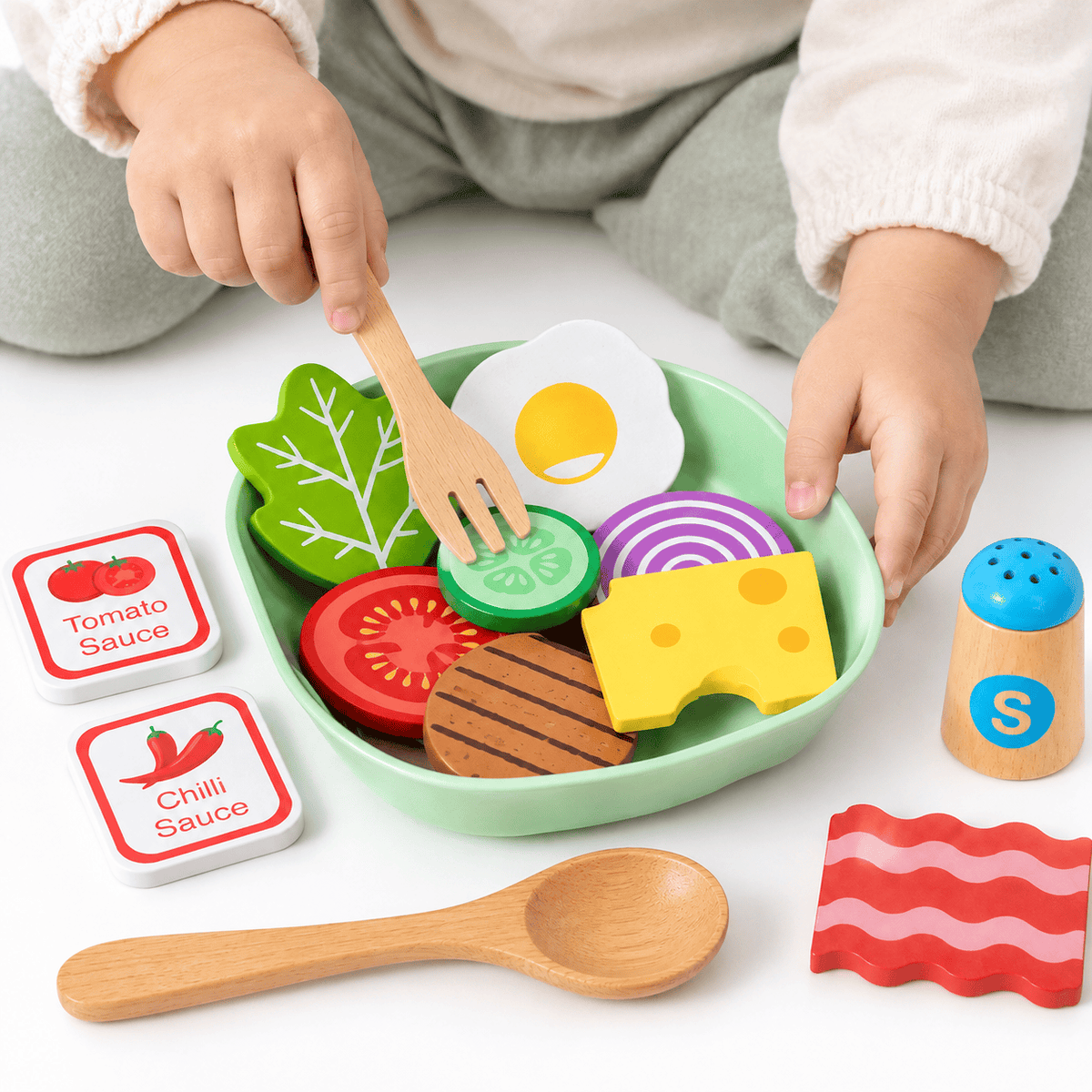 Wooden Play Food Set with Bowl and Utensils for Kids Pretend Play