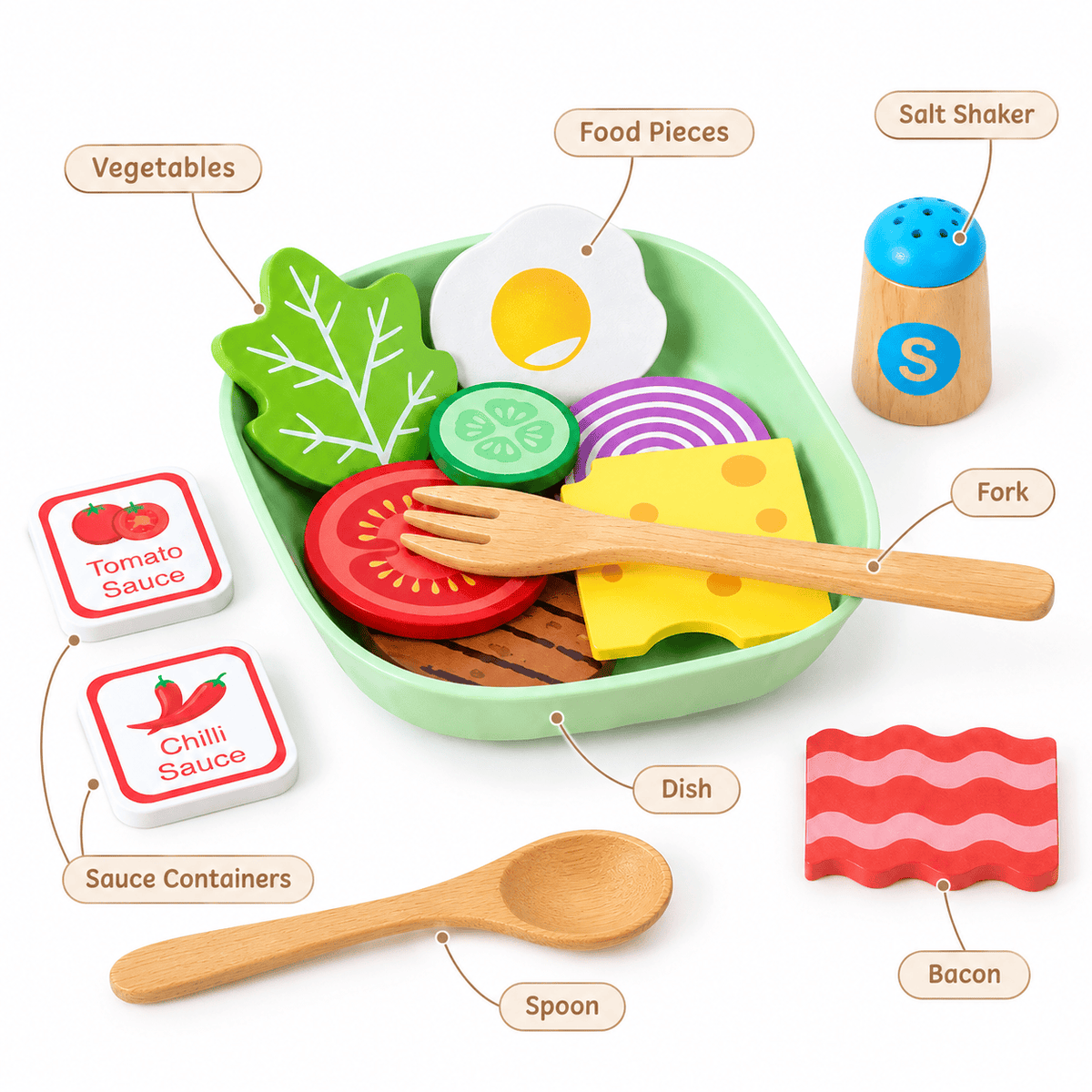 Wooden Play Food Set with Bowl and Utensils for Kids Pretend Play