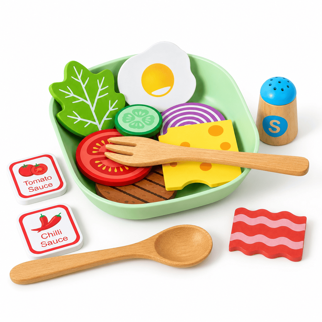 Wooden Play Food Set with Bowl and Utensils for Kids Pretend Play