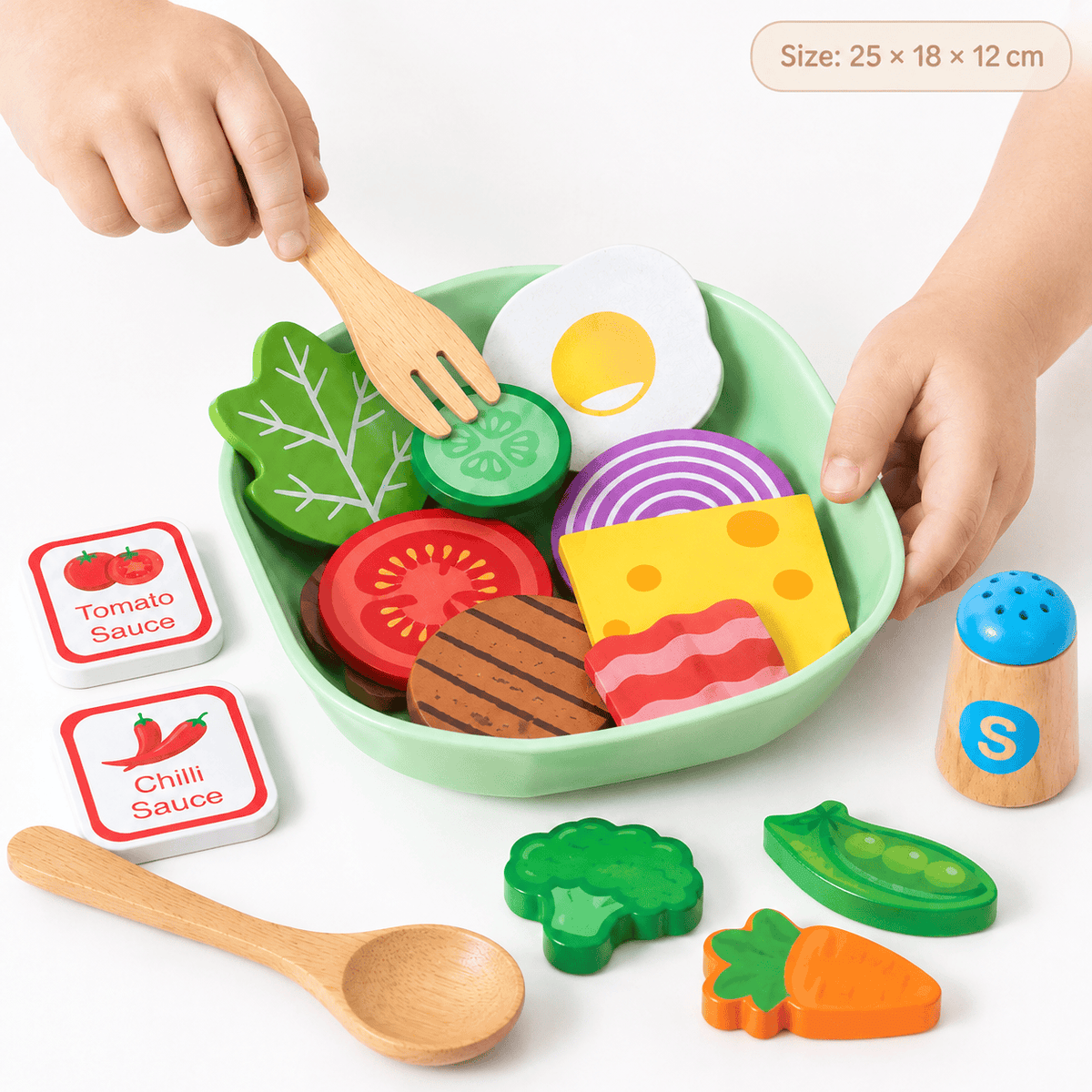 Wooden Play Food Set with Bowl and Utensils for Kids Pretend Play