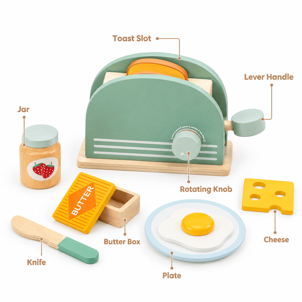 Wooden Play Toaster Breakfast Set for Toddlers - Montessori