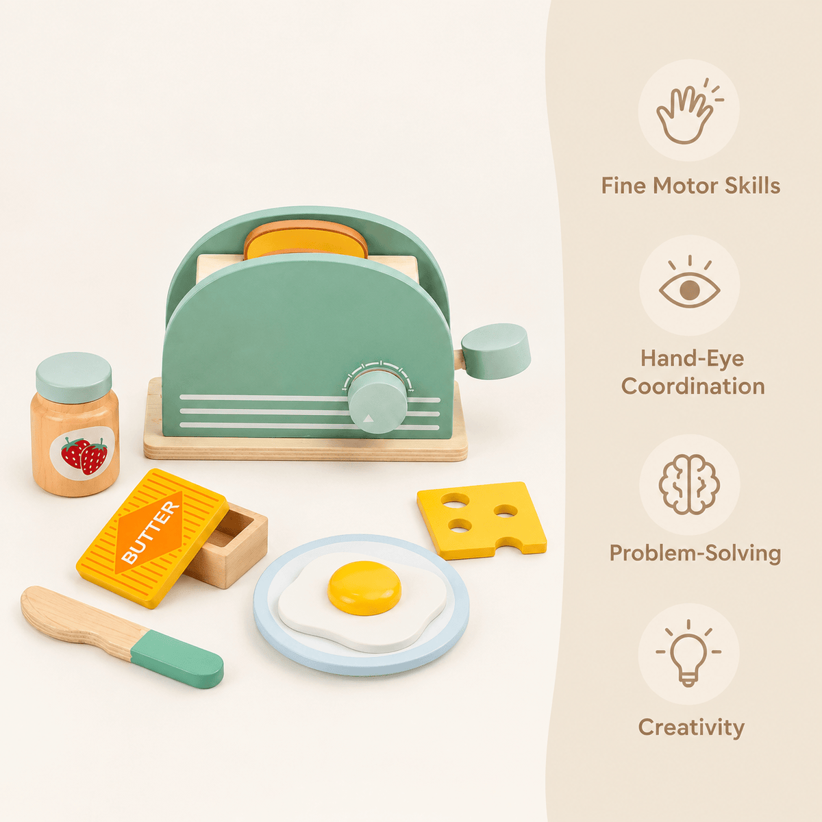 Wooden Play Toaster Breakfast Set for Toddlers - Montessori