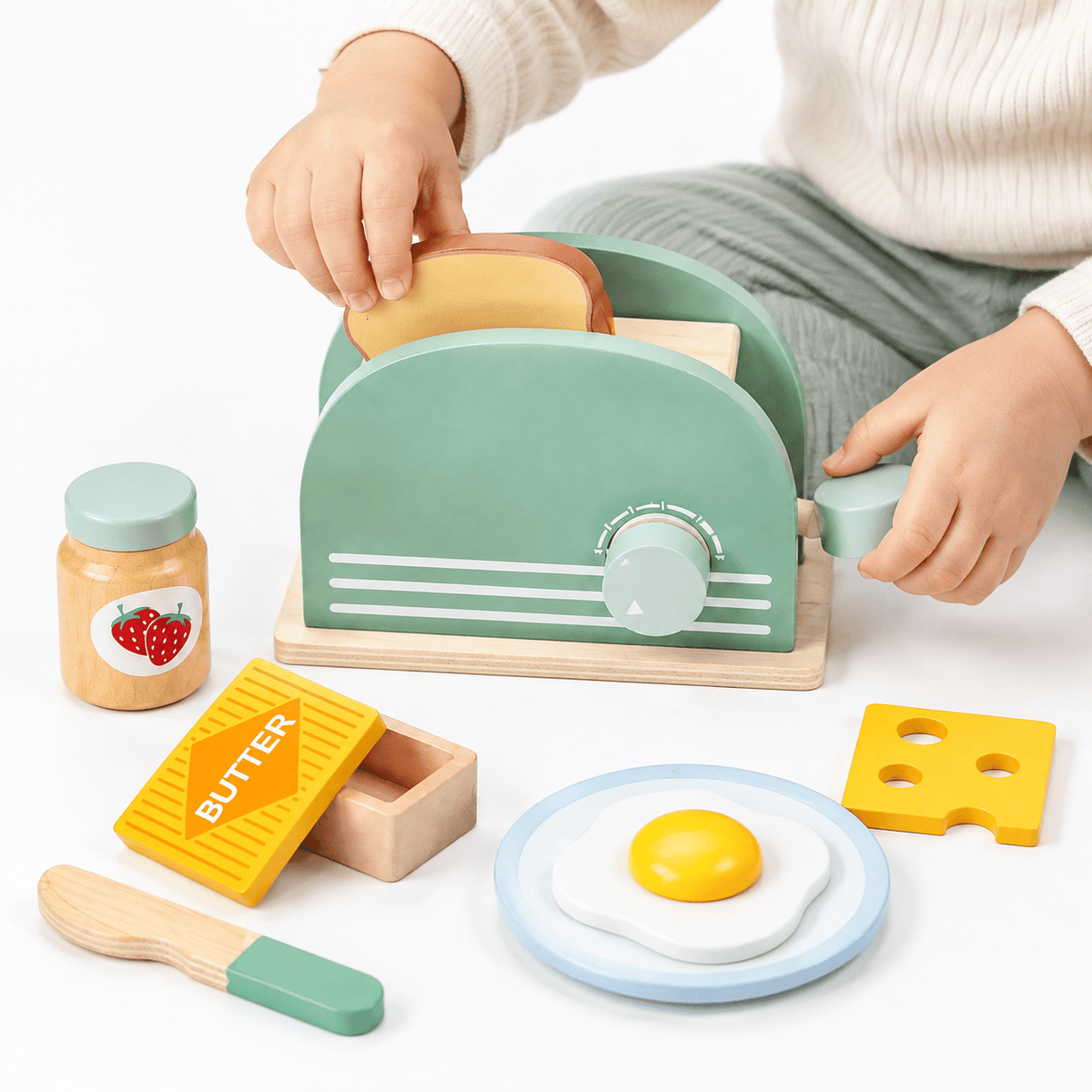 Wooden Play Toaster Breakfast Set for Toddlers - Montessori