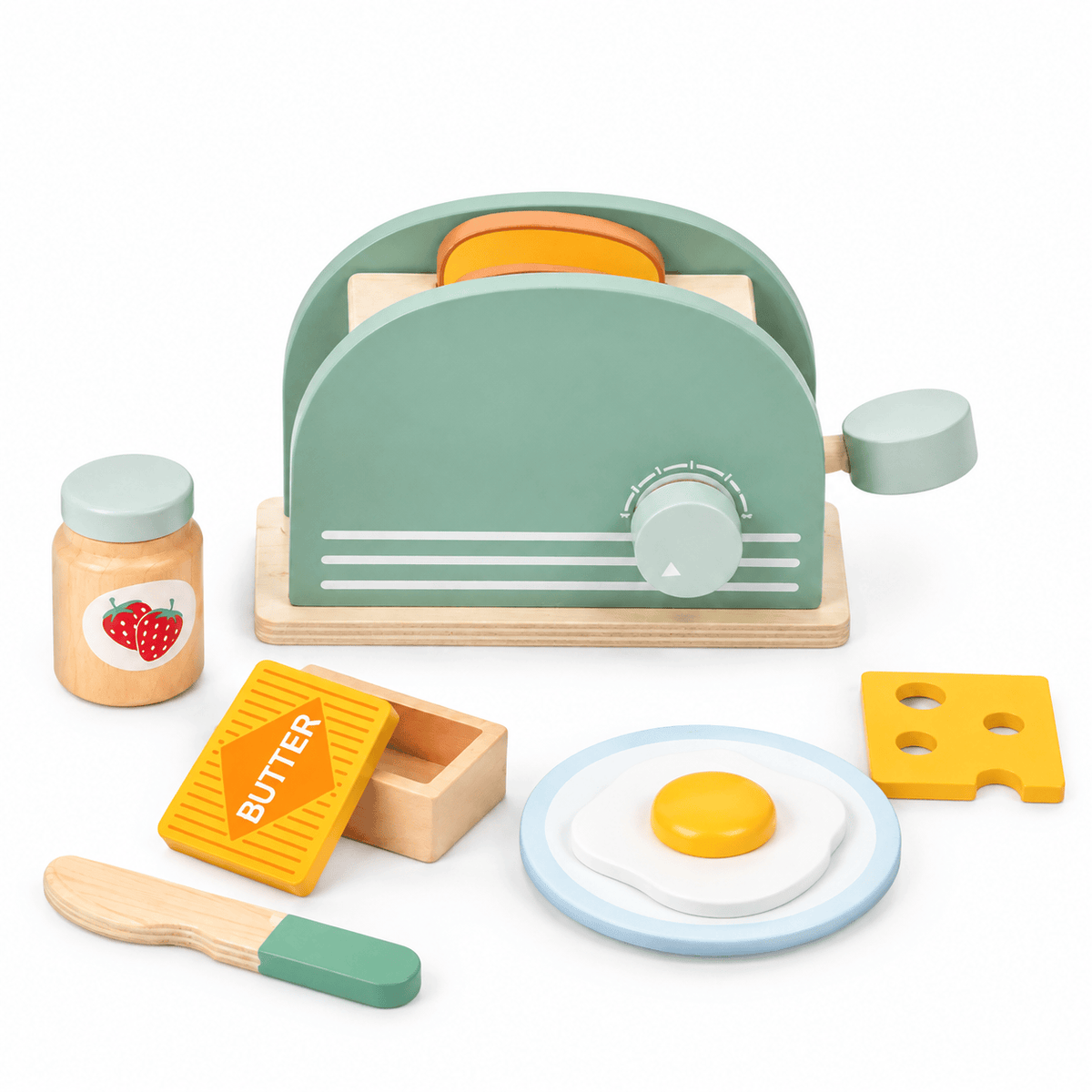 Wooden Play Toaster Breakfast Set for Toddlers - Montessori