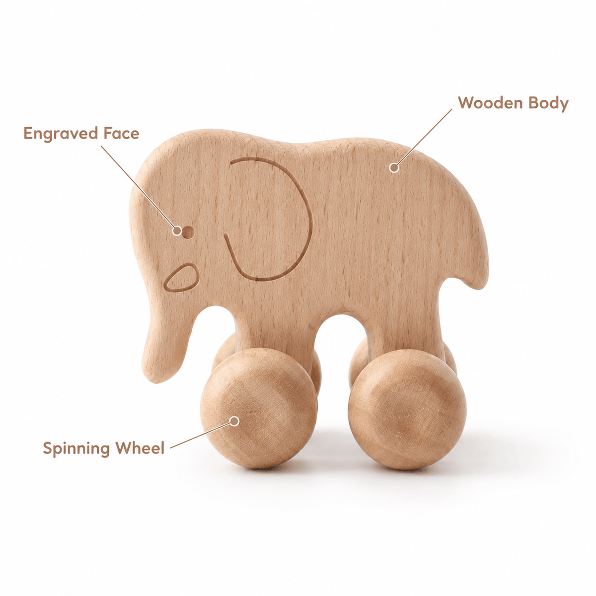 Wooden Push Elephant Toy for Babies – Montessori Rolling Toy