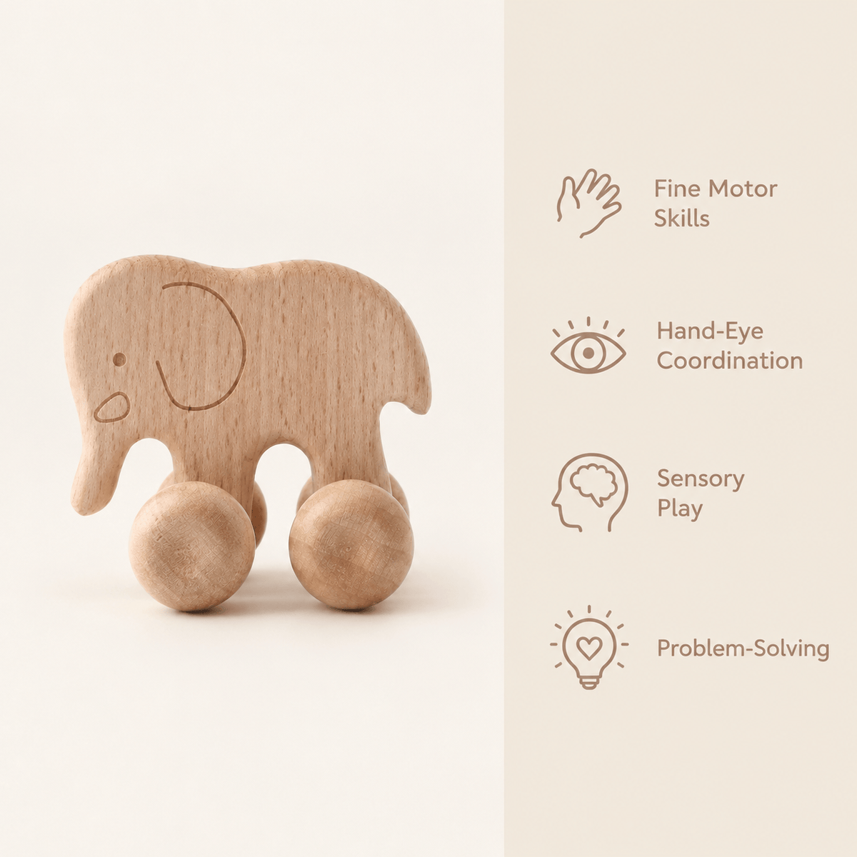 Wooden Push Elephant Toy for Babies – Montessori Rolling Toy