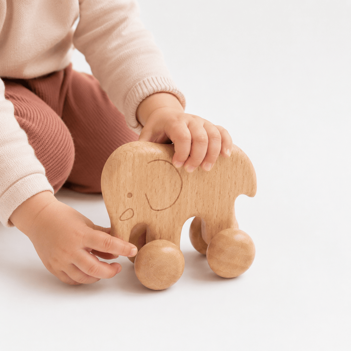 Wooden Push Elephant Toy for Babies – Montessori Rolling Toy