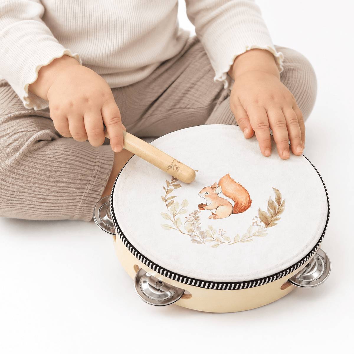 Wooden Tambourine with Drumsticks for Toddlers | Montessori Toy