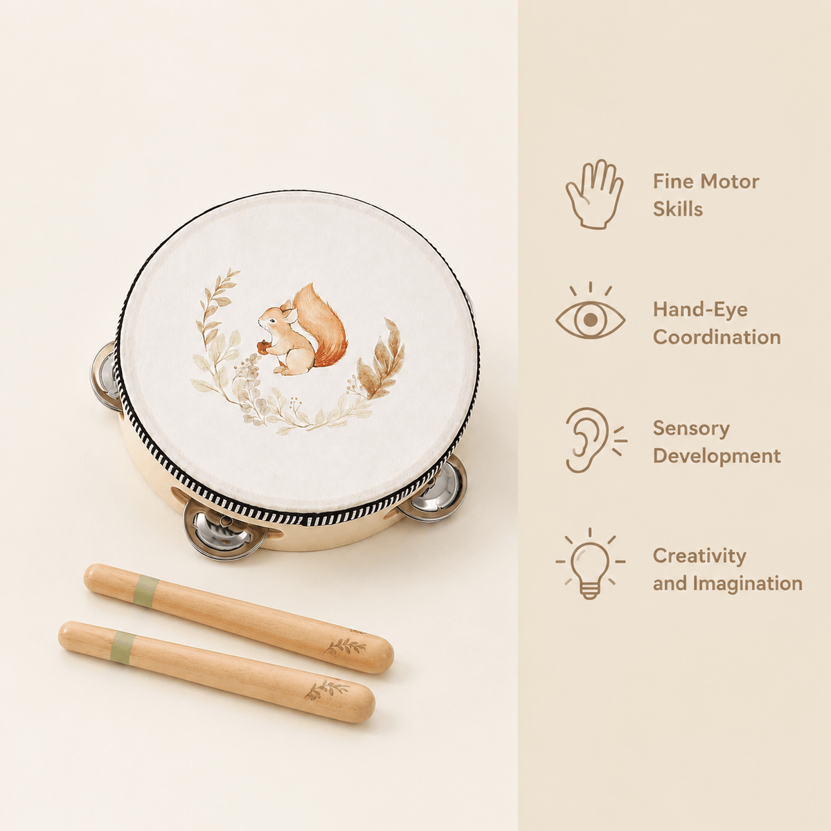 Wooden Tambourine with Drumsticks for Toddlers | Montessori Toy