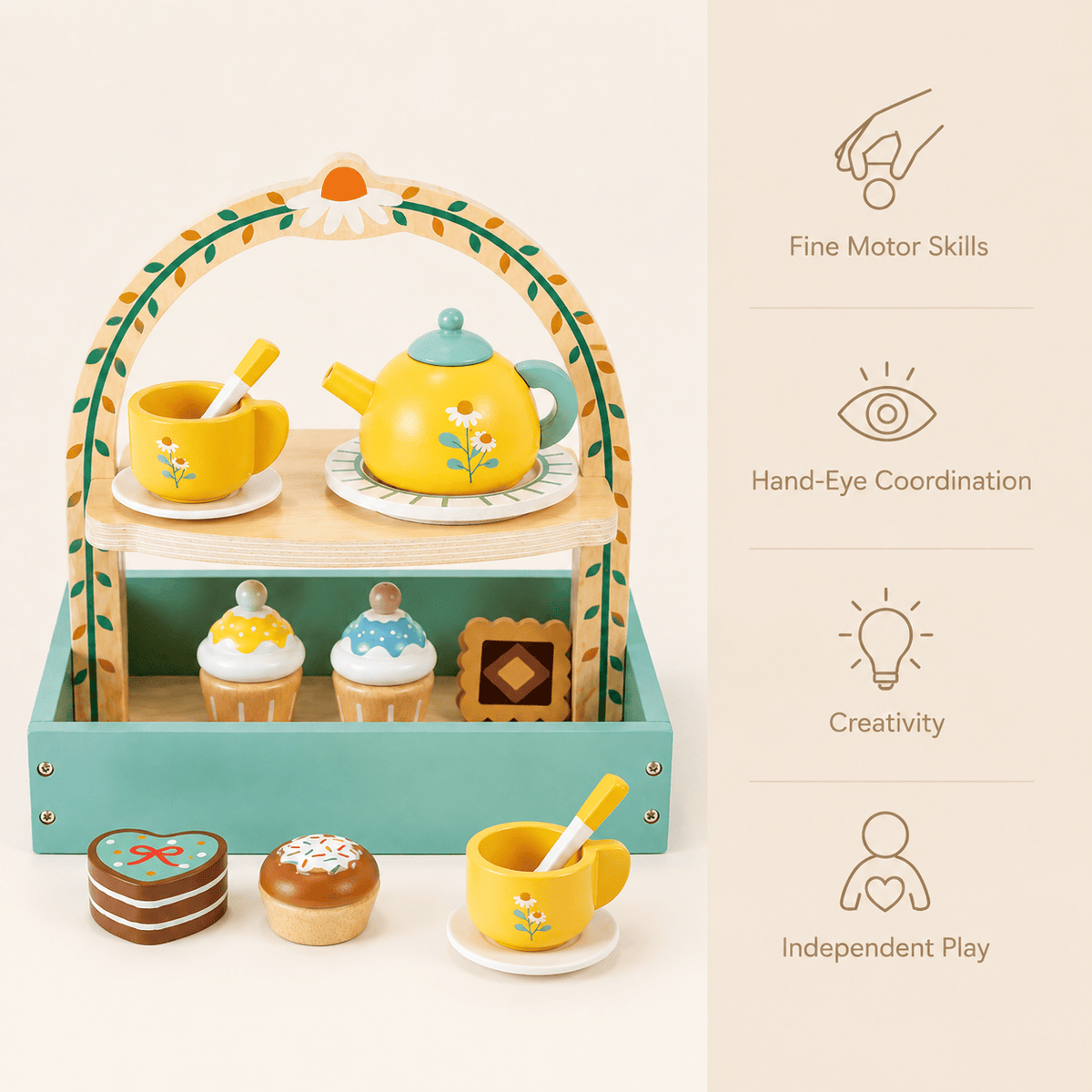 Wooden Tea Set with Stand for Pretend Play | Montessori Toy