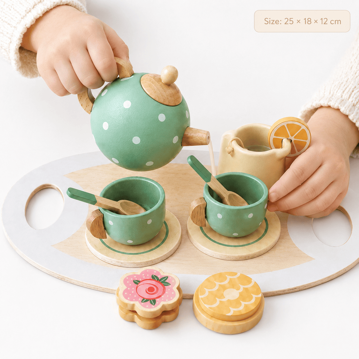 Wooden Tea Set with Tray and Accessories for Pretend Play
