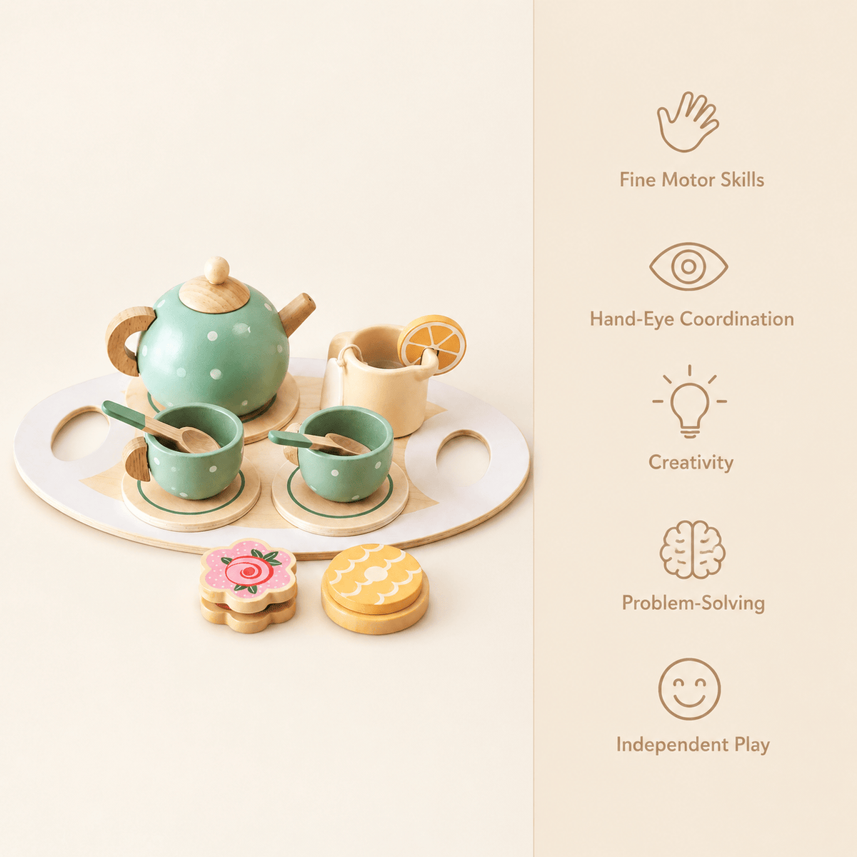 Wooden Tea Set with Tray and Accessories for Pretend Play