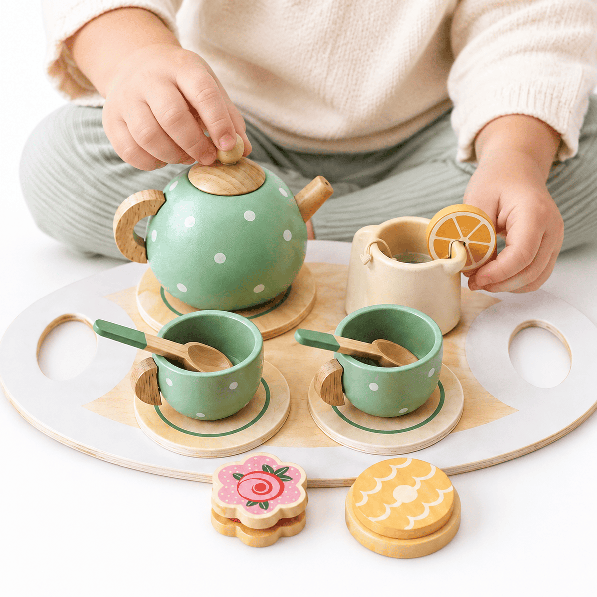 Wooden Tea Set with Tray and Accessories for Pretend Play